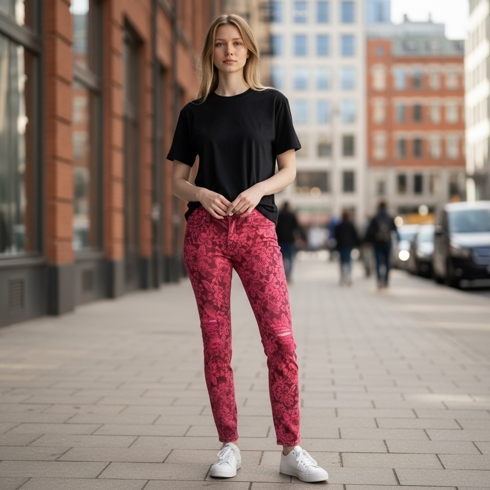 J BRAND Pink Distressed Low Rise Pencil Leg Jeans